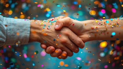 Celebratory handshake with festive confetti