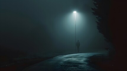 mysterious Night Scene with Man in Foggy Road