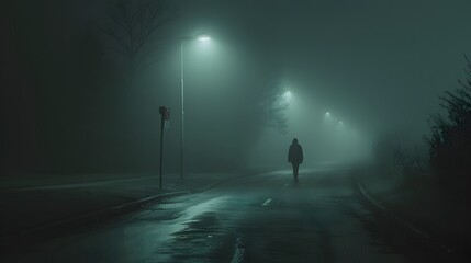 Fototapeta premium mysterious Night Scene with Man in Foggy Road