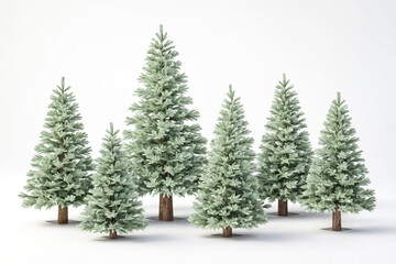 Group of Six Evergreen Trees on White Background