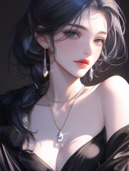 Stunning Woman in Elegant Black Dress with Long Hair