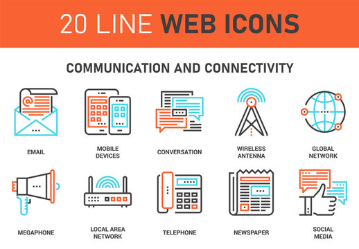 Vector set of communication and connectivity line web icons. Each icon with adjustable strokes neatly designed on pixel perfect 64X64 size grid. Fully editable and easy to use.