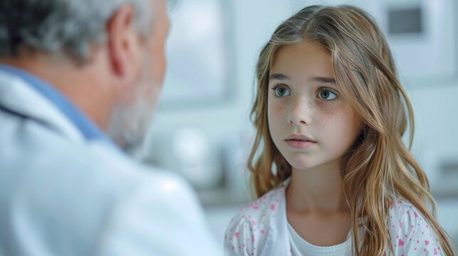Girl sitting on an examination table talking to a doctor in a white clinic room.