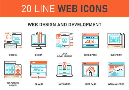 Vector set of web design and development line web icons. Each icon with adjustable strokes neatly designed on pixel perfect 64X64 size grid. Fully editable and easy to use.