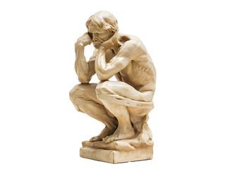 Classic stone sculpture of a pensive man crouched in deep thought, isolated on a white background.