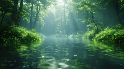 Obraz premium A serene forest scene with dense green foliage and a calm, reflective river running through it. Sunlight filters through the trees, creating beautiful rays of light and casting dappled shadows on the 