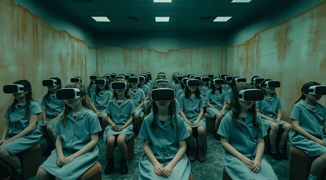 A group of people wearing VR headsets sitting uniformly in a room with an ominous, decaying wall aesthetic
