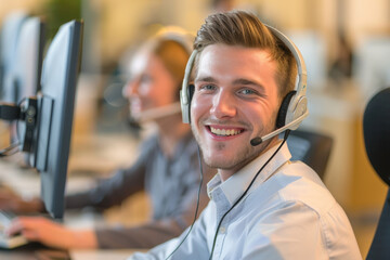 Customer service agent is smiling while wearing a headset and working on a computer in a call center