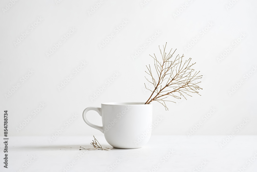 Sticker Minimalist White Mug and Dried Branch on White Background