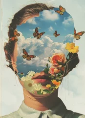 Fotobehang A collage art piece merging a woman's profile, butterflies, and sky imagery for a surreal, dreamlike effect © Glittering Humanity