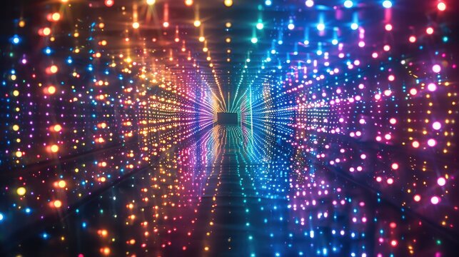 A large colorful LED light pattern that forms an infinity mirror effect, with many small lights shining in all directions and the whole thing is symmetrical. colorful. Generative AI.