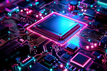 Obraz premium Closeup of a glowing neon CPU on a circuit board.