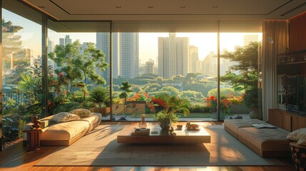 Fototapeta premium The living room of a luxury single-family home bathed in morning sunlight, a beautiful garden outside the window, and the skyline of a big city. Generative AI.