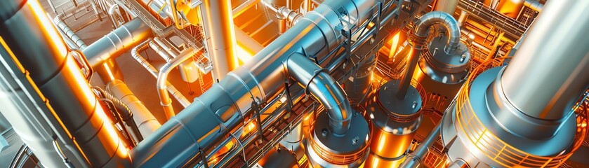 Aerial view of industrial pipes and machinery in a factory setting, showcasing complex engineering and metallic structures.