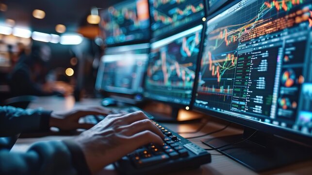 Closeup of a hand using a keyboard with multiple monitors from a side view for business. Monitors, Keyboard, Business. Generative AI.