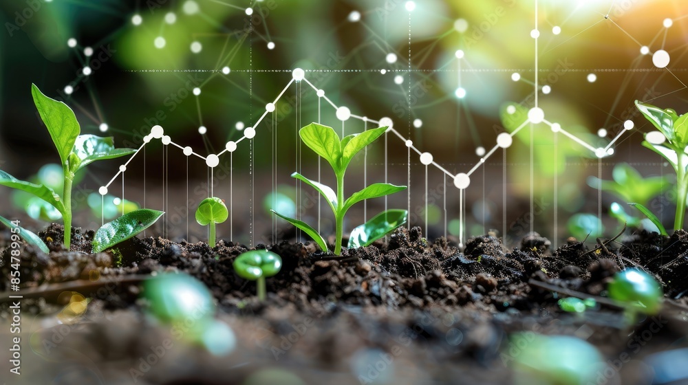 Fototapete small plants sprouting from rich soil, with a digital graph representing business progress and devel