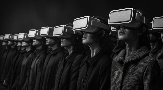 A single-file line of diverse individuals adorned with VR headsets, portrayed in a stark black and white aesthetic