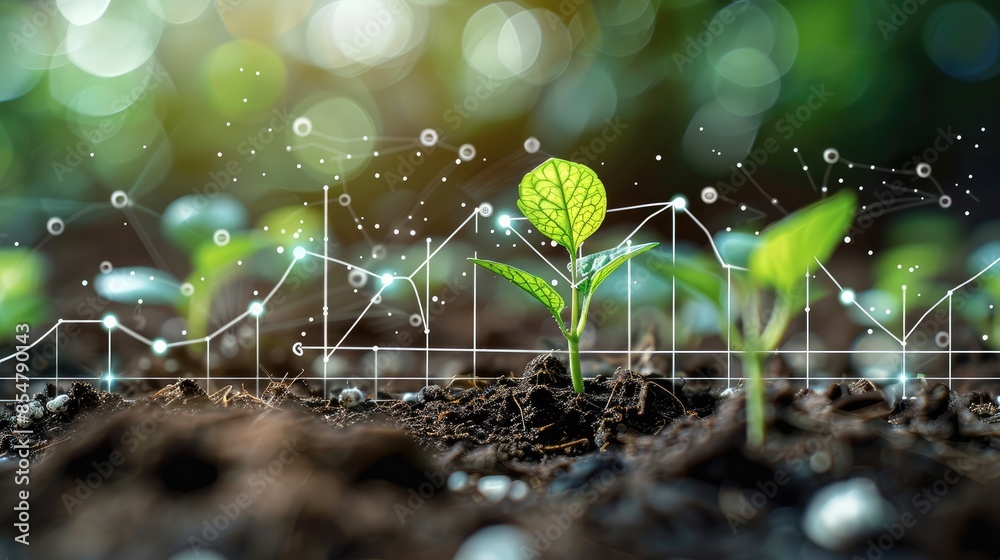 Fototapete small plants sprouting from rich soil, with a digital graph representing business progress and devel
