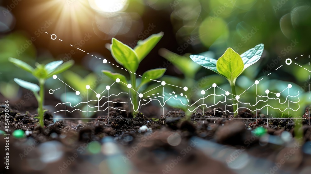 Fototapete small plants sprouting from rich soil, with a digital graph representing business progress and devel