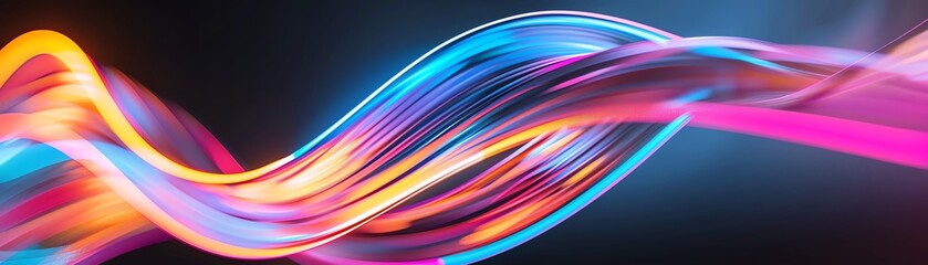 Vivid abstract light trails in a dynamic, colorful wave pattern on a dark background, perfect for vibrant, modern designs and digital creativity.