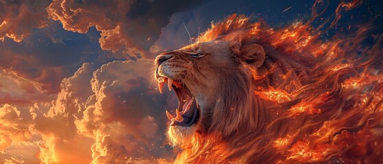 Blazing Roar: Dynamic Lion Enveloped in Fiery Embers Against a Dramatic Sky