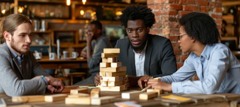 Colleagues engage in team building fun  giant jenga and virtual reality challenge foster camaraderie
