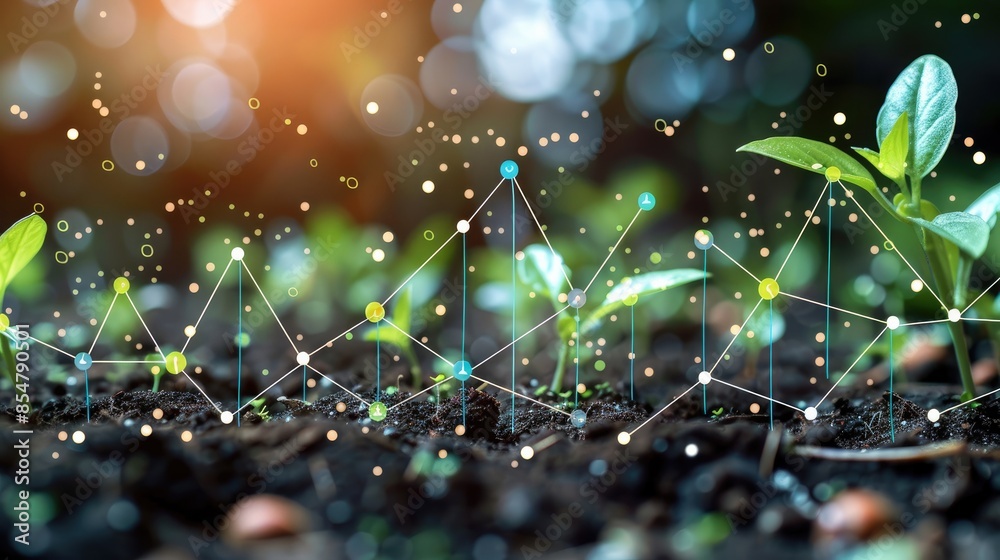 Fototapete small plants sprouting from rich soil, with a digital graph representing business progress and devel