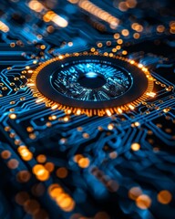 Fototapeta premium Close-up of a circuit board with a glowing eye in the center, representing artificial intelligence.