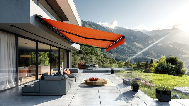 A modern, sunny terrace with outdoor furniture and an awning on the roof in red color. The sun is shining brightly over green meadows and mountains in summer. A gray concrete floor. Generative AI.