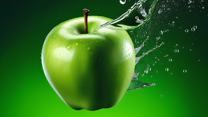 Fresh green apple with water splashes on green background