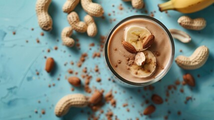 Delicious banana smoothie with peanuts on light blue table