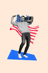 Creative abstract template collage of funny man listen music dance celebrating 4th july usa independence day fantasy billboard zine minimal