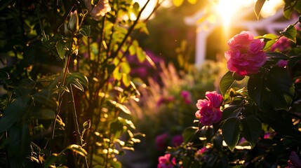 Obraz premium Lush blossoms in cottage garden, close-up, sunset glow, rich colors, sharp focus, traditional 