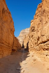 Fototapeta premium A dirt road winding between rocky cliffs in a desert landscape.
