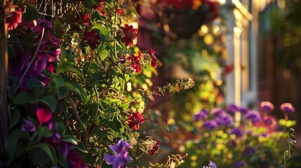 Quaint cottage garden blooms, close view, early evening, warm light, deep colors, clear focus, homely 