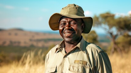 African man standing by safari vehicle wearing hat and white shirt and holding binoculars scans landscape looking for wildlife