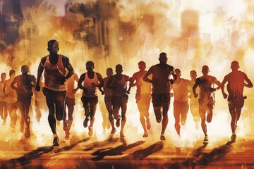 Diverse Group of Athletes Running in City Marathon - Showcasing Determination and Endurance, Cheering Crowd, Concept of Fitness and Community