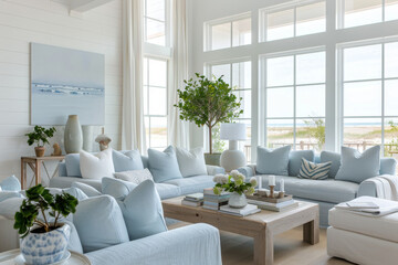 Bright modern living room with a coastal theme. White walls, light blue furniture, and nautical decor. Large windows, potted plants, and light wood flooring.