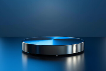 Brushed metal product display podium on a dark blue background: Modern and sleek, ideal for high-tech gadgets or contemporary designs, the metal podium and blue background create a sharp and stylish