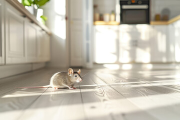 Curious mouse explores a clean white kitchen floor in a cozy home, sunlight streaming in, creating a peaceful scene