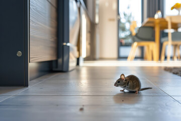 Curious house mouse explores a kitchen floor for food, showcasing its whiskers and tail. The image highlights the importance of cleanliness to prevent pest problems and health hazards in homes