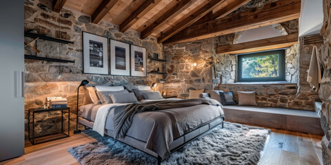 Cozy modern bedroom with a rustic touch. Wooden beams, stone walls, and a metal bed frame. Soft textiles, warm lighting, and vintage decor.