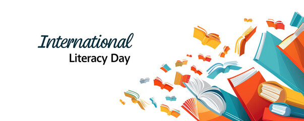International Literacy Day Celebration with Flying Books Illustration.
