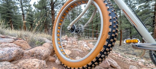 Fototapeta premium Mountain bike on rocky trail highlighting tire tread against scenic natural backdrop