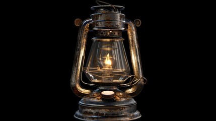 Old burning kerosene lamp on a black background. AI generated.