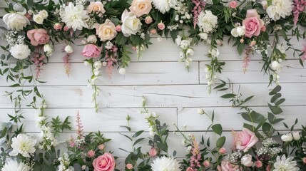 Floral arrangement on white wooden backdrop for a wedding theme with space for text