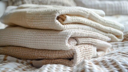 neatly stacked clean towels on a bed, including a checkered patterned towel and a white knit blanket, with a soft pillow against a simple backdrop.
