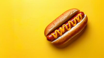 Classic Hotdog: A top view of a classic hotdog , isolated on a yellow surface.
