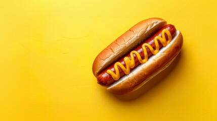 Classic Hotdog: A top view of a classic hotdog , isolated on a yellow surface.
