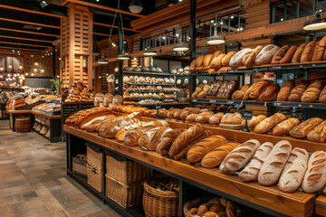 Freshly baked bread loaves and pastries are displayed on wooden shelves in a modern bakery shop